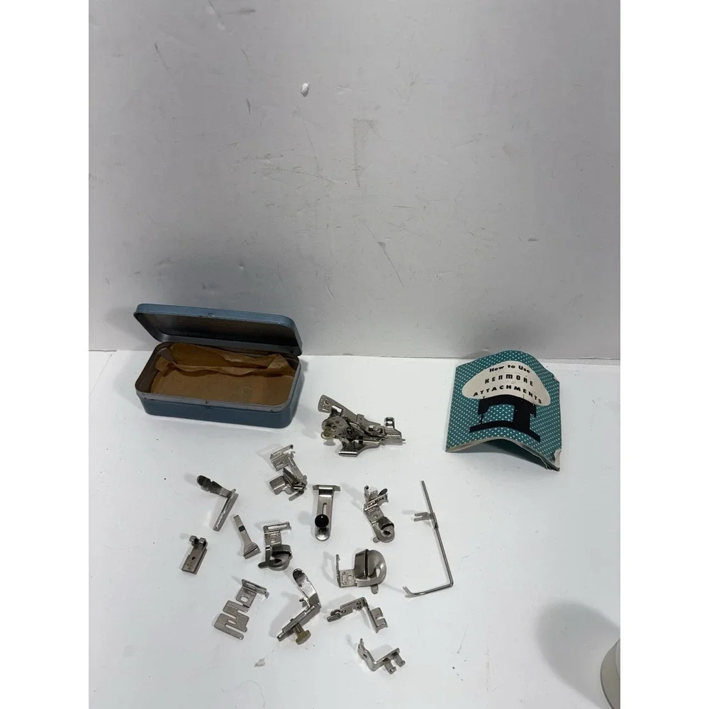 Vintage Sewing Machine Greist Attachments Parts Accessories LOT Of 14 w Tin Box